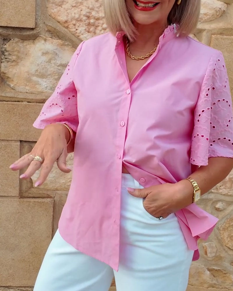 Stand-Up Collar Ruffled Openwork Shirt