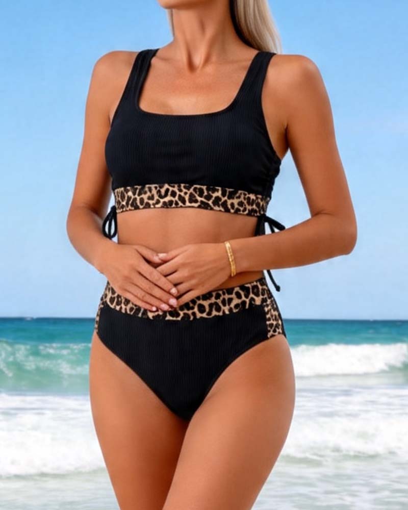 Leopard Pattern Panel Drawstring Bikini
