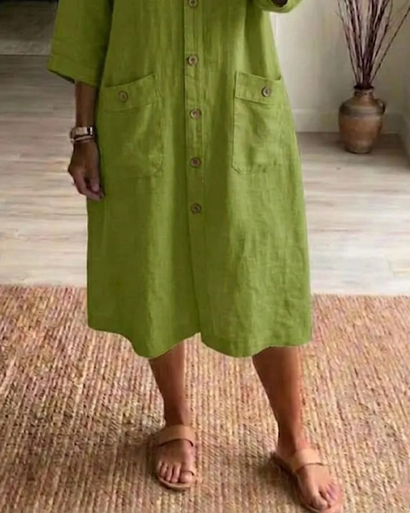 V-Neck Buttoned Pocket Dress