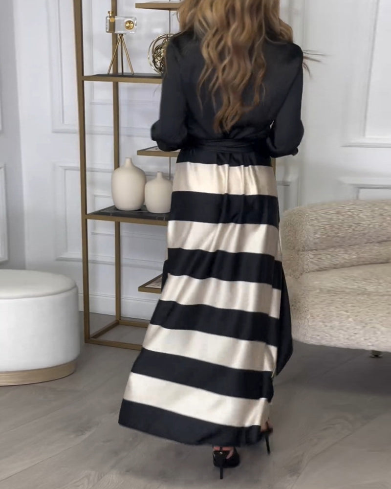 Elegant striped printed lapel strap dress