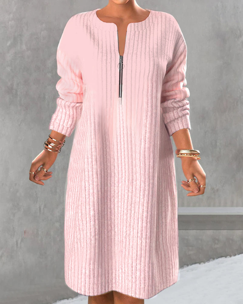 Solid Color Zipper Neck Dress