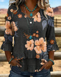 V-Neck Vintage Floral Loose Fit Blouse