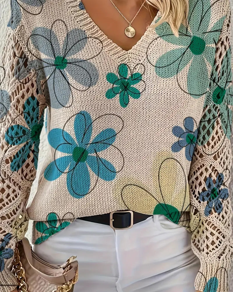V-Neck Openwork Knit Sweater