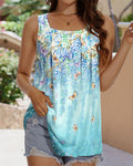 Square Neck Pleated Print Tank Top