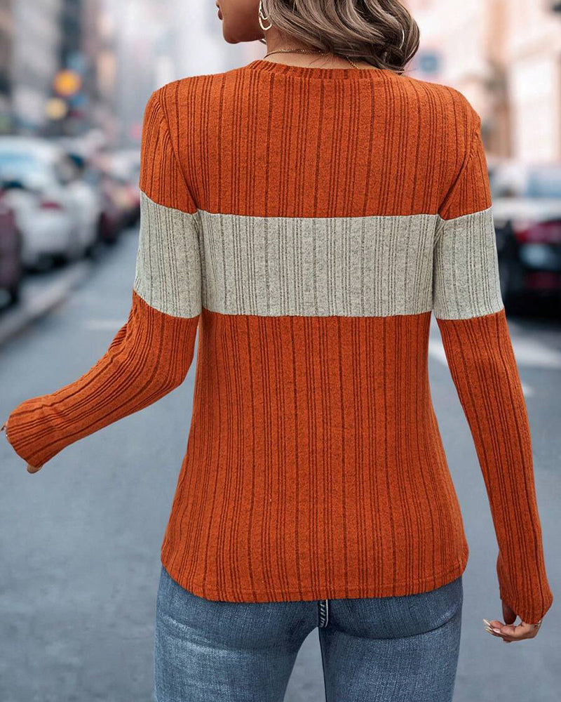 Casual color block printed round neck top