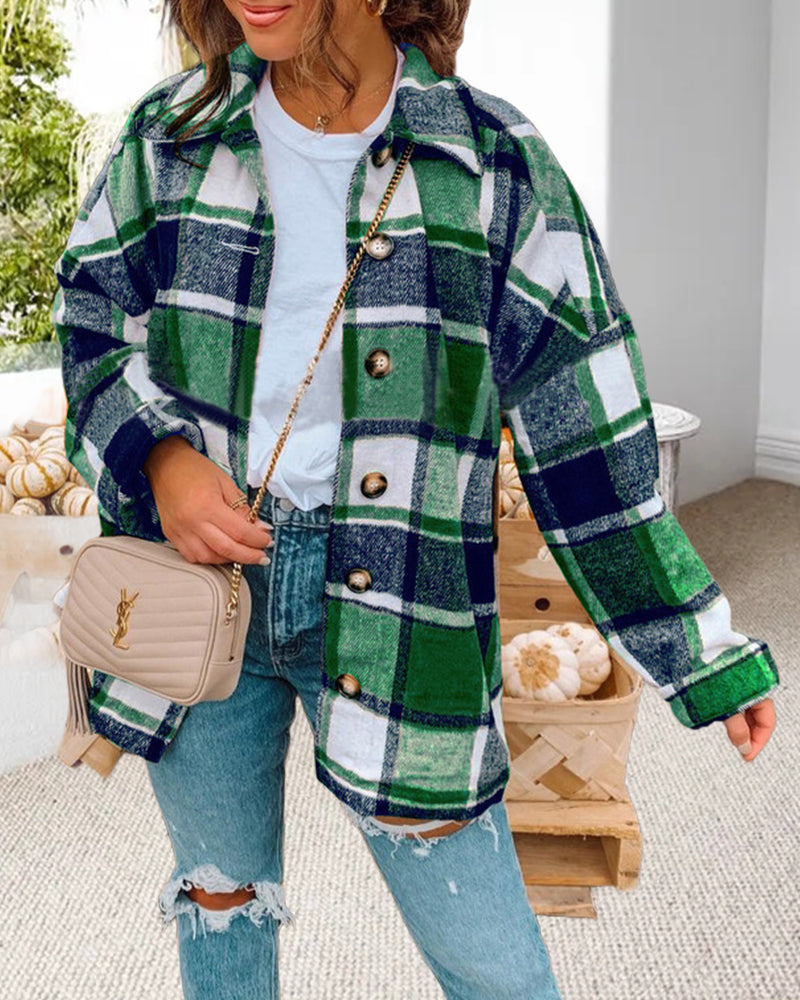 Casual plaid print button lapel jacket