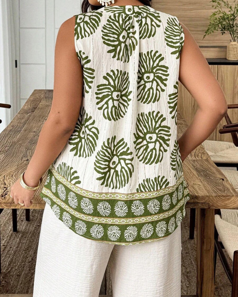Plant Print Vest-Style Sleeveless Blouse