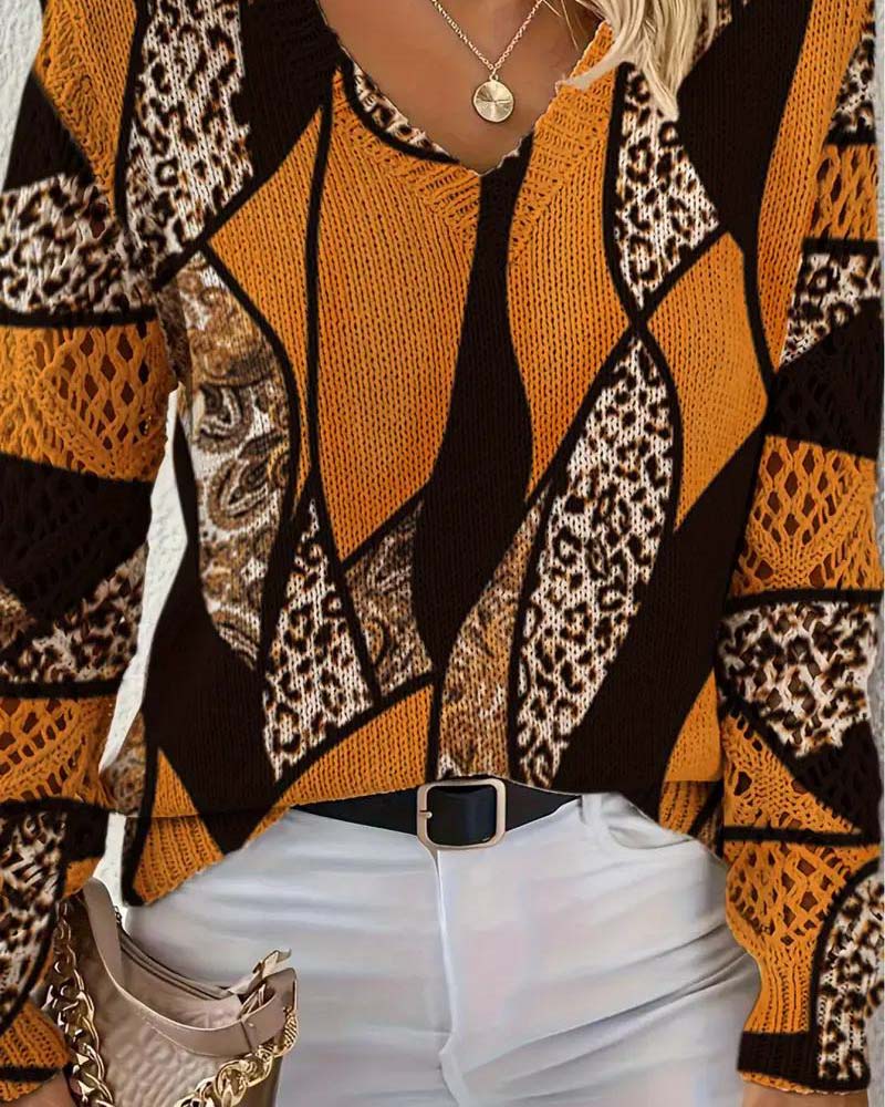 V-Neck Hollow Leopard Print Jumper