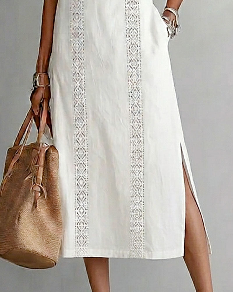 100% Cotton Sleeveless Slit Lace Patchwork Dress