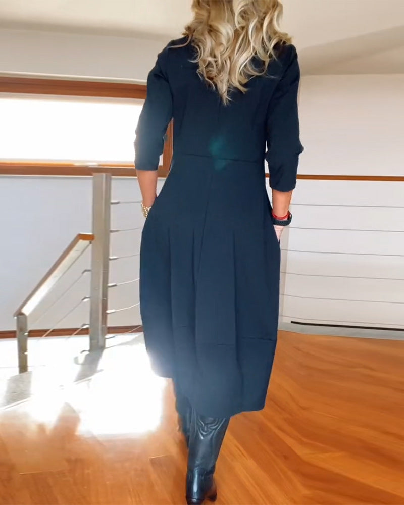Elegant solid color round neck pocket dress