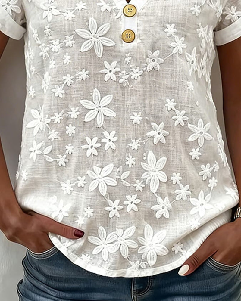 Solid Color 3d Floral V-Neck Blouse