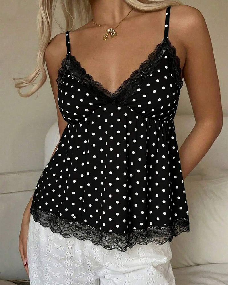 Polka Dot Lace-Trimmed Cami Top