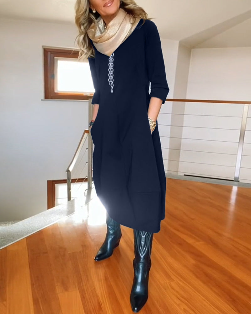 Elegant solid color round neck pocket dress