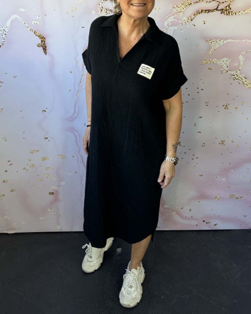 V-Neck Pleated Solid Color Long Dress
