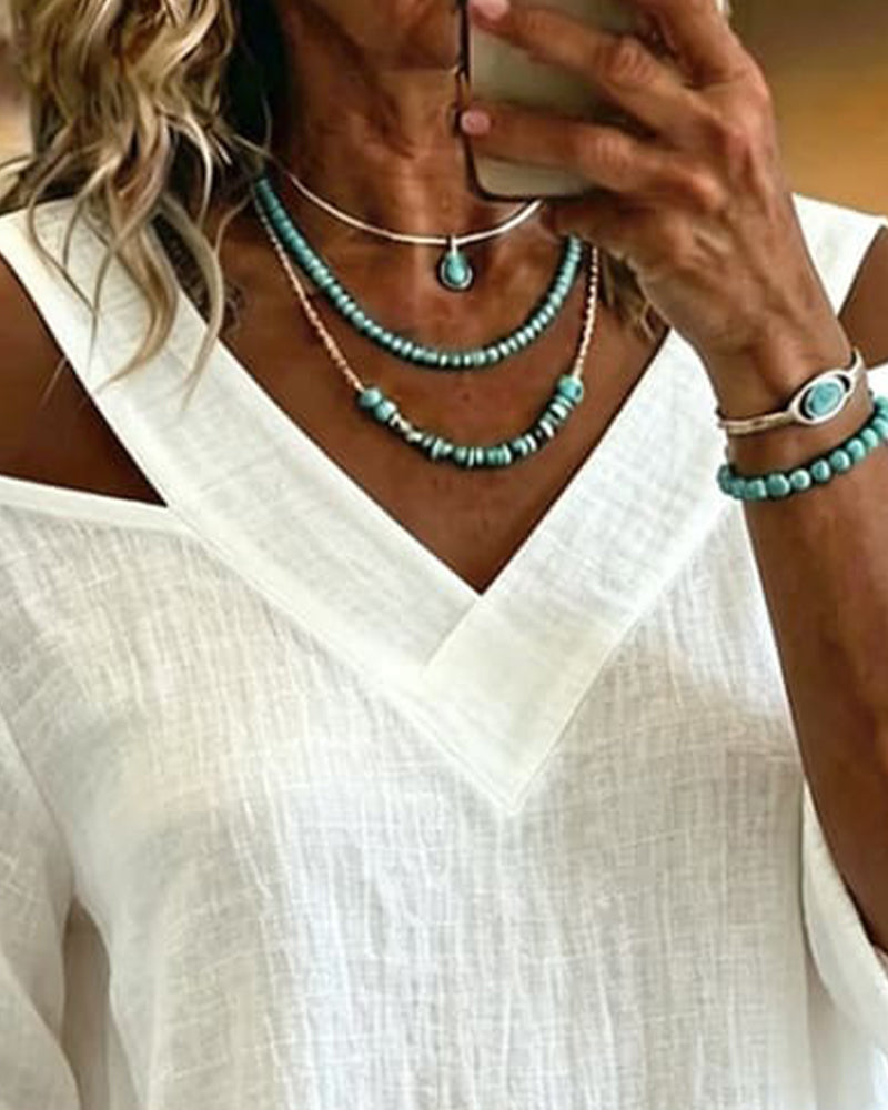 Off-Shoulder V-Neck Solid Loose Fit Blouse