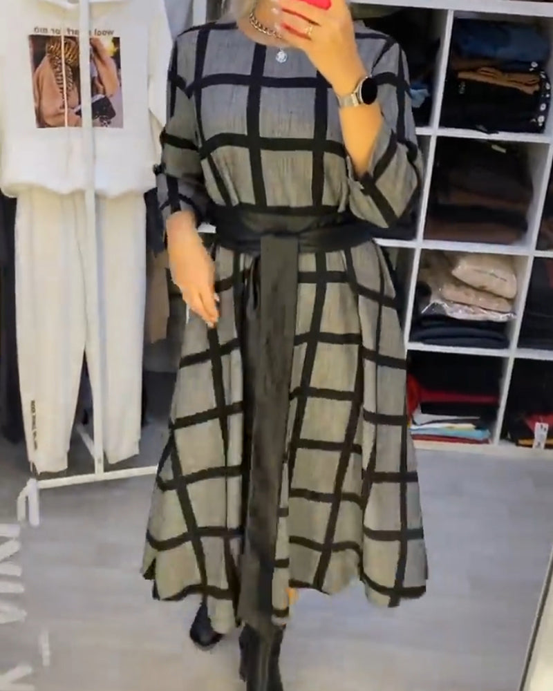A-Line Plaid Dress with Round Neck