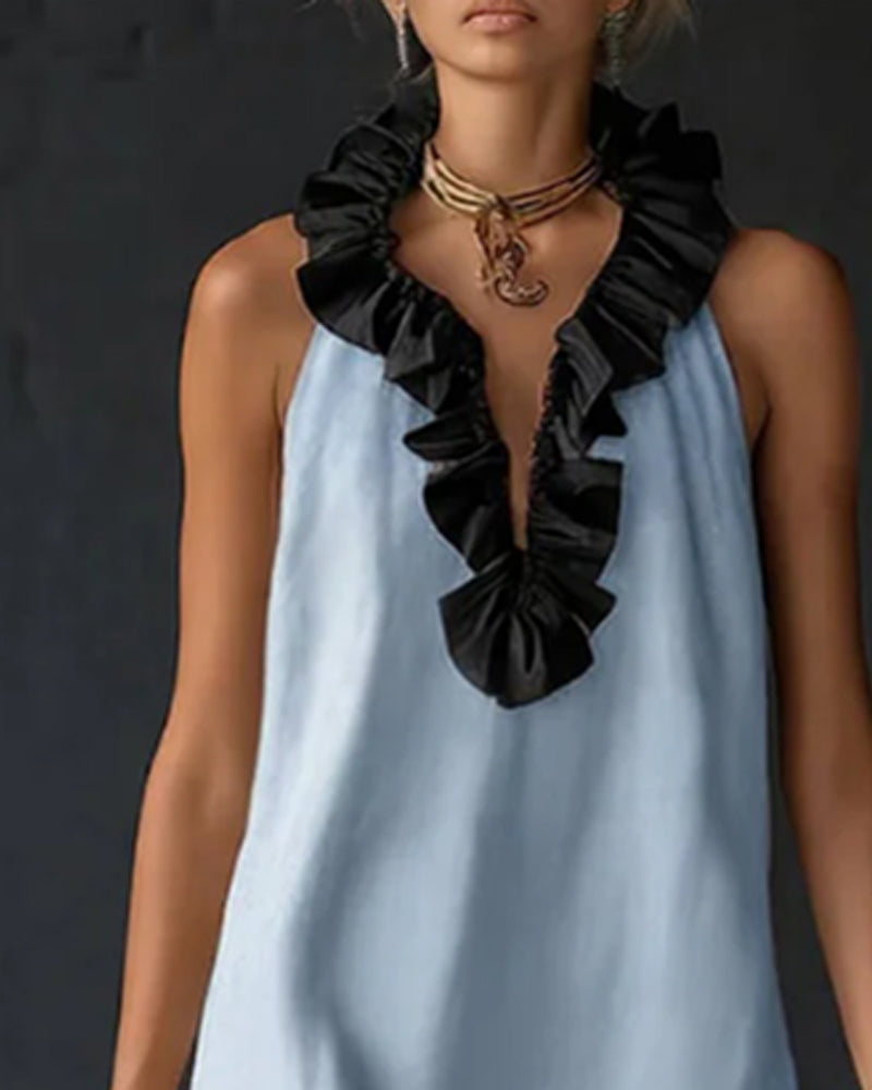 Contrast Ruffled Sleeveless Long Dress