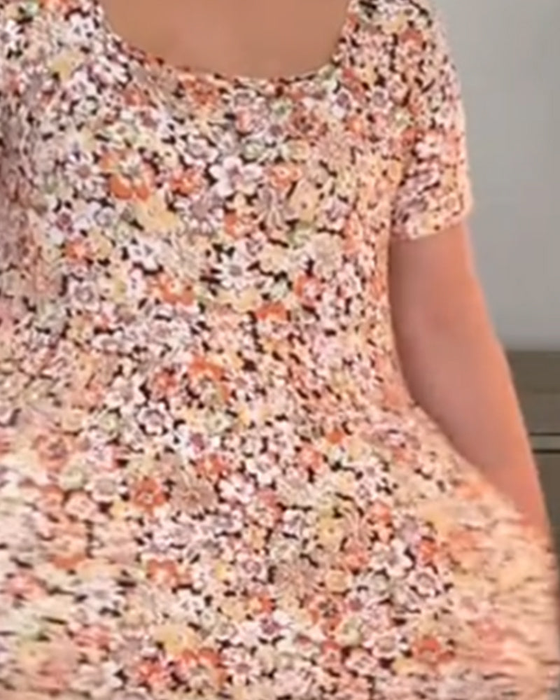 Square Neck Floral Short-Sleeve A-Line Dress