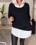 Casual lapel patchwork long sleeve fake two-piece top