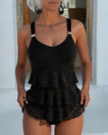 Lace Ruffle Solid Color Tankini