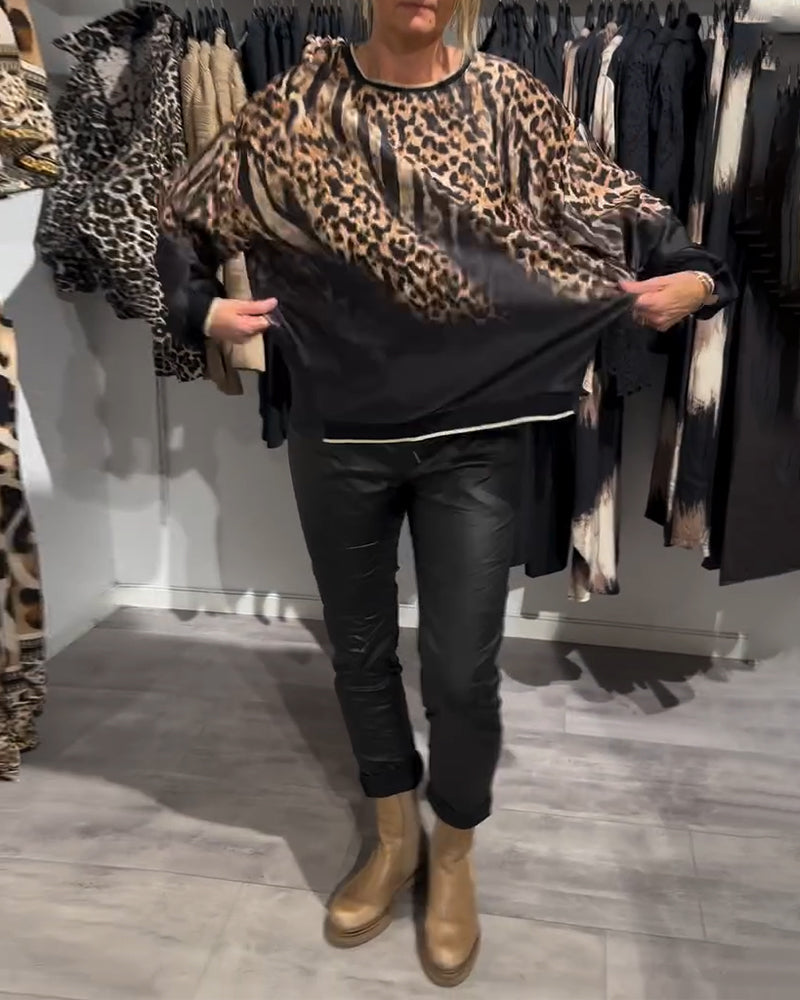 Casual leopard print round neck blouse