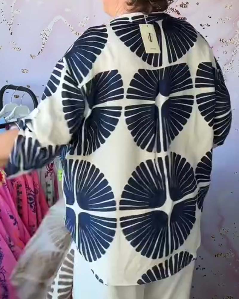 Fan-Print V-Neck Blouse
