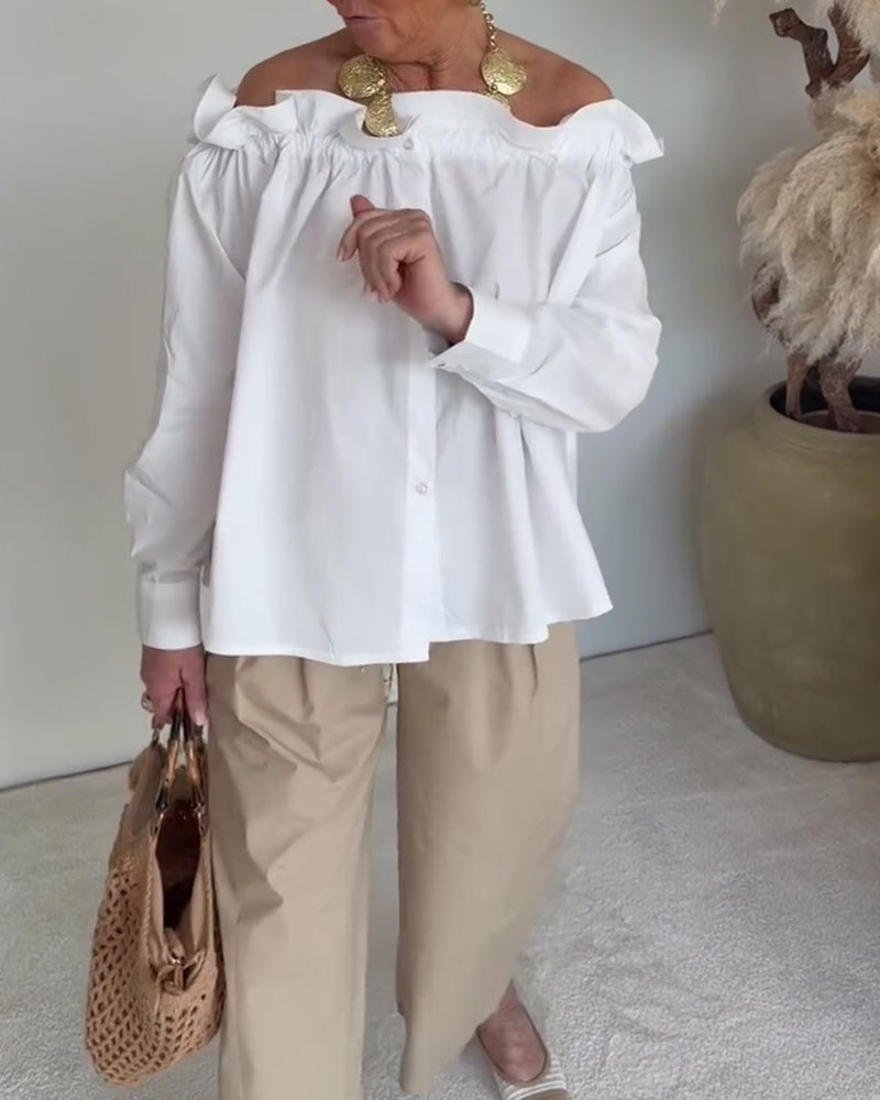 Ruffle Trim Off-Shoulder Button-Front Long Sleeve Blouse