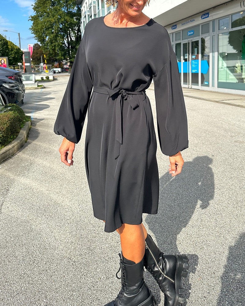 Round neck tie solid color dress
