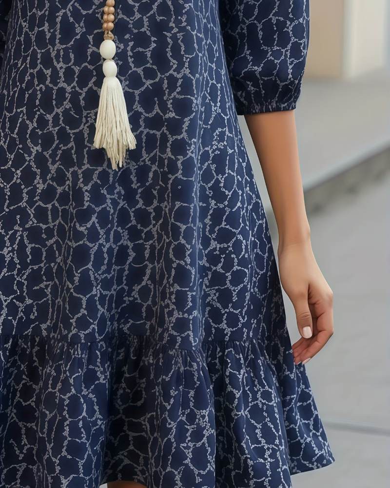 Mid-Sleeve Printed A-Line Ruffle Dress