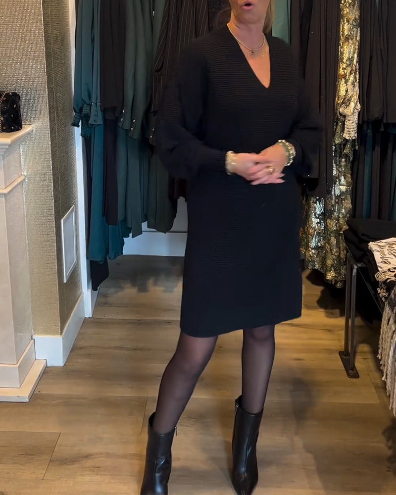 V-Neck Solid Color Sweater Dress