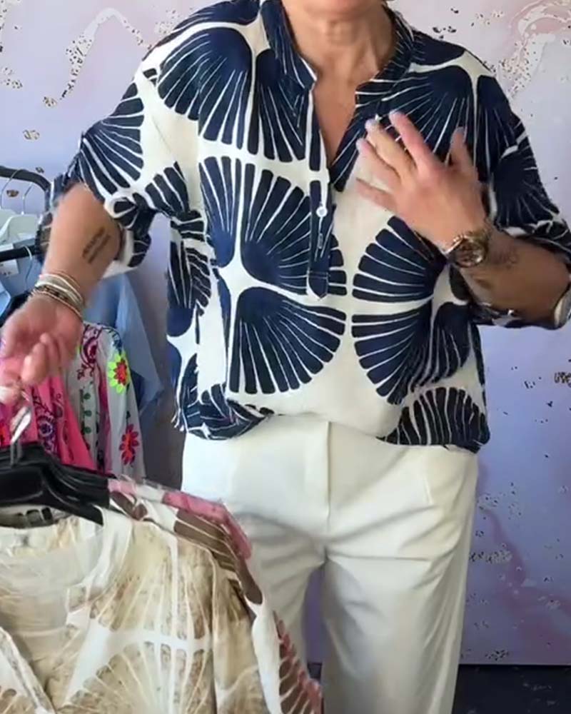 Fan-Print V-Neck Blouse