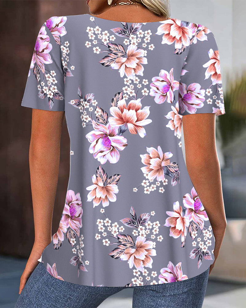 Crew Neck Pleated Print Blouse