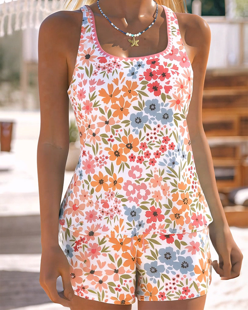 Fresh Floral Print Tankini Swimsuit