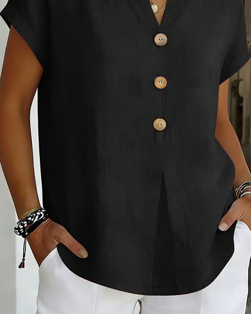 Three-Button Wide Solid Color Blouse