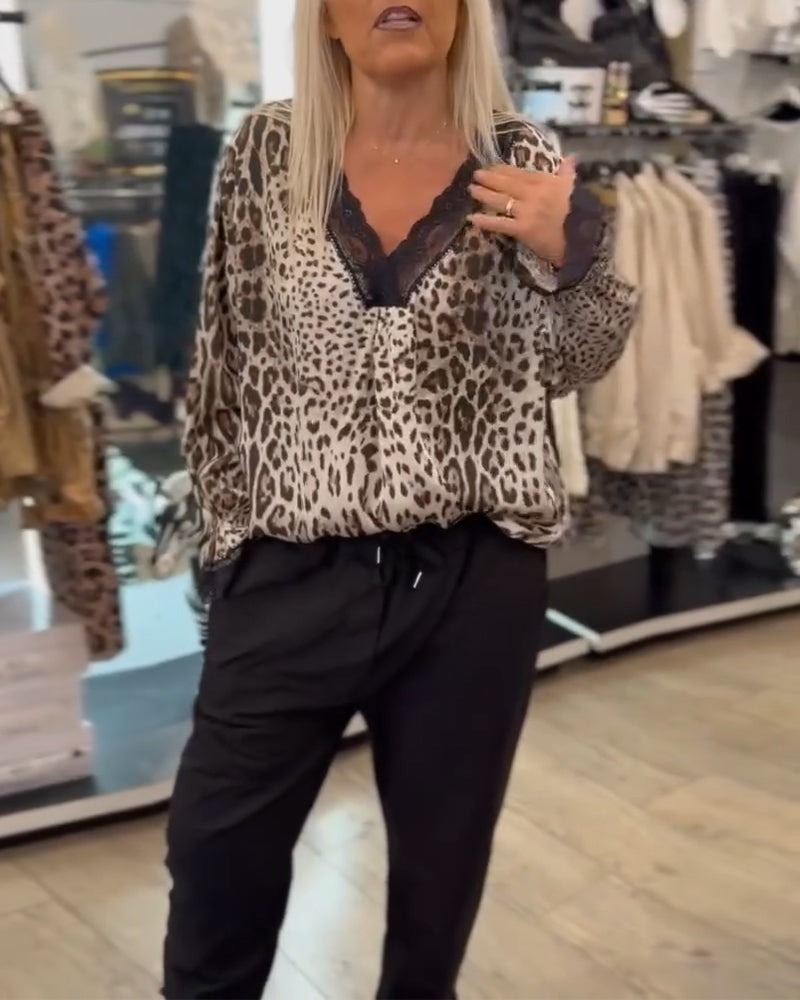 Fashion leopard print V-neck lace patchwork blouse