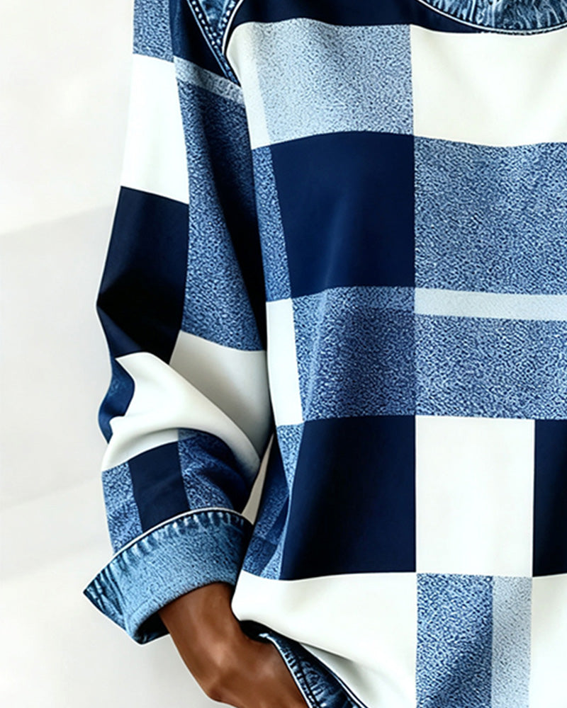 Plaid Patchwork Contrast Color Sweatshirt