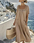 Square Neck Loose Half Buttoned Long Dress