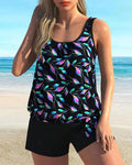 Tank Top With Leaf Print Boxer Swimsuit