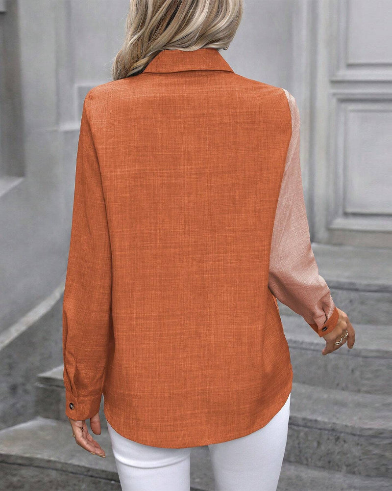 Single Breasted Colorblock Lapel Blouse
