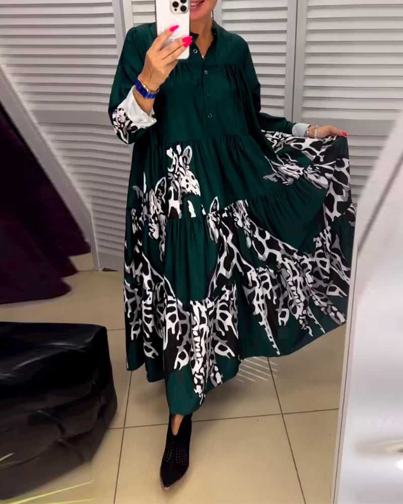 Printed button casual long dress