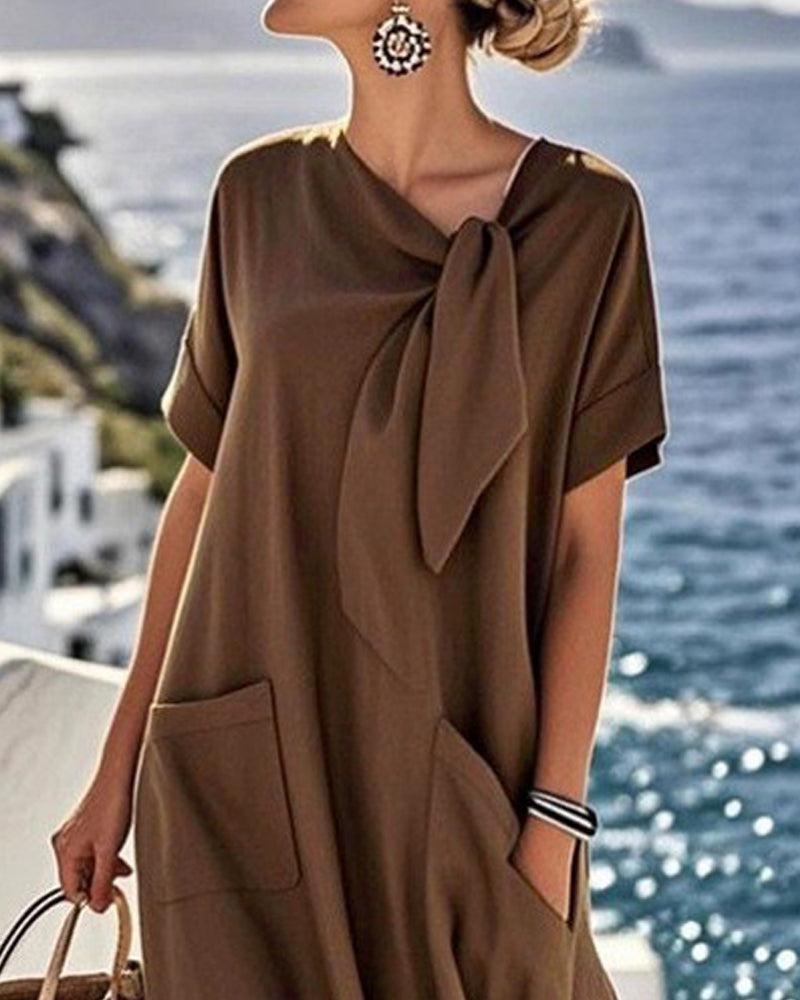Solid Color Bow Collar Short-Sleeve Dress