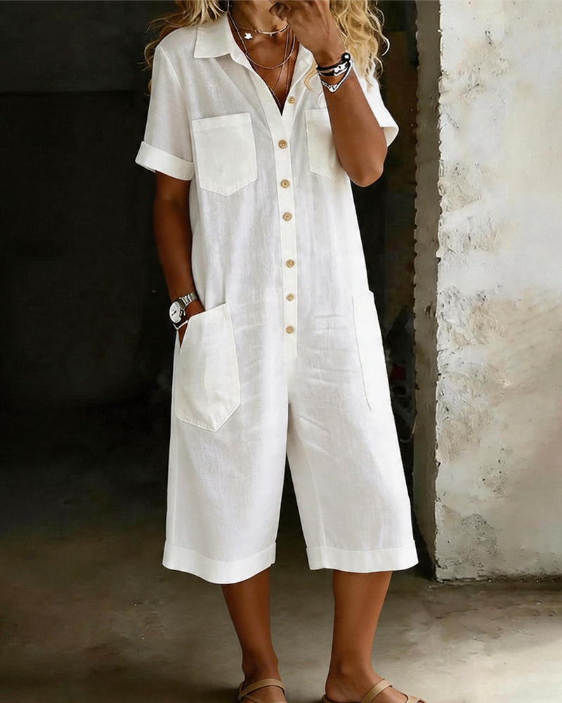 Shirt Collar Button-Front Short Sleeve Jumpsuit