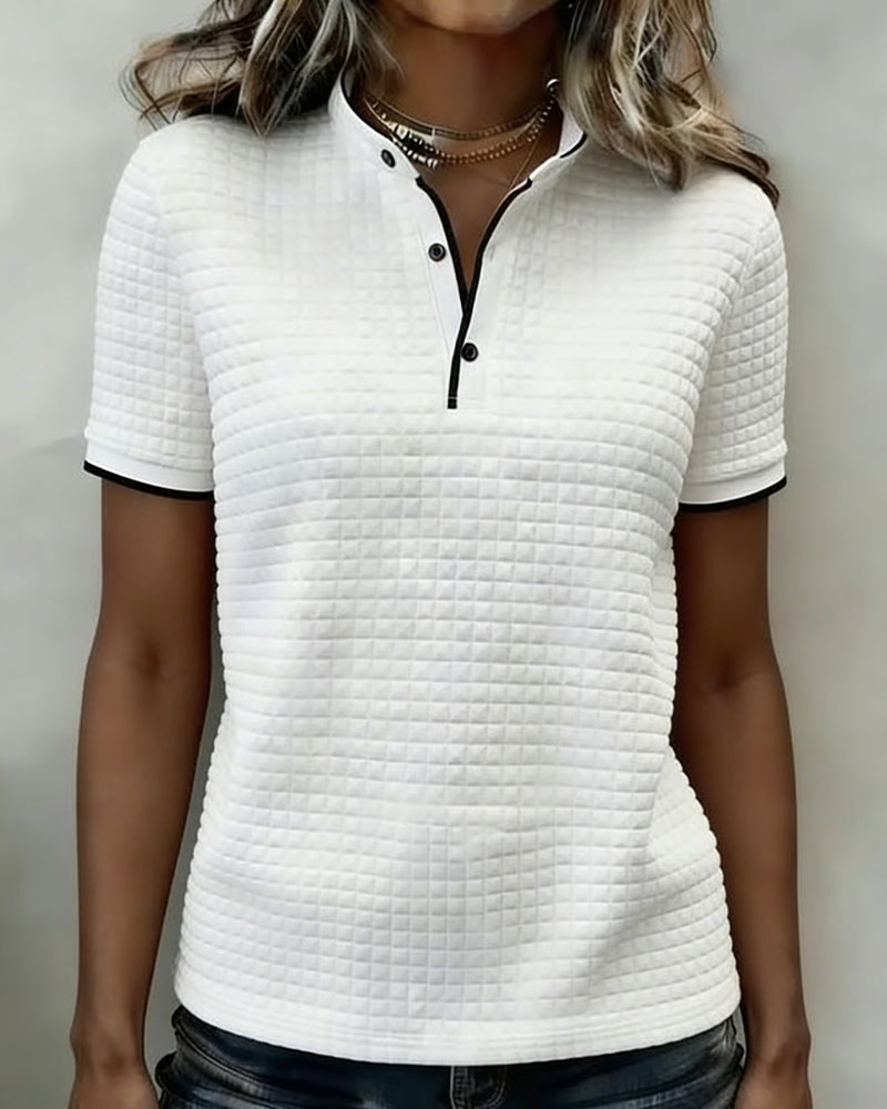 Waffle-Knit Button-Down Short-Sleeved Top