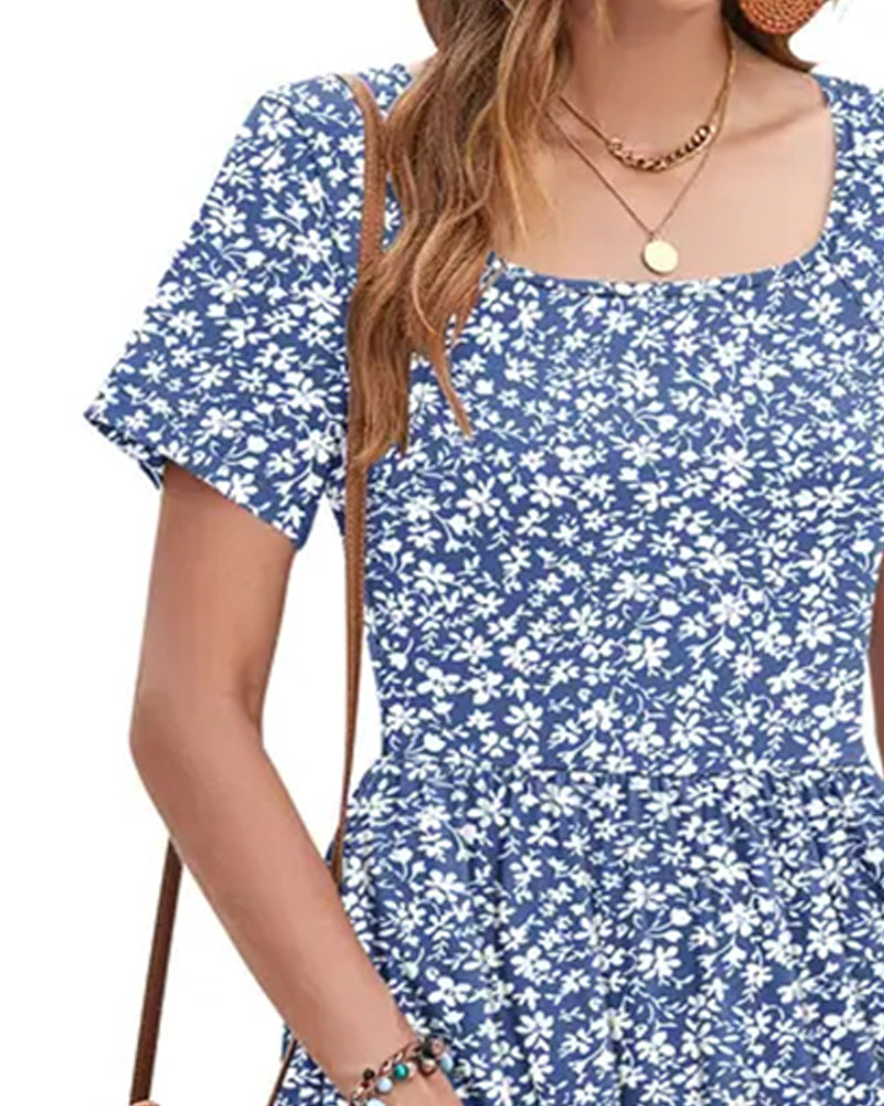 Square Neck Floral Short-Sleeve A-Line Dress