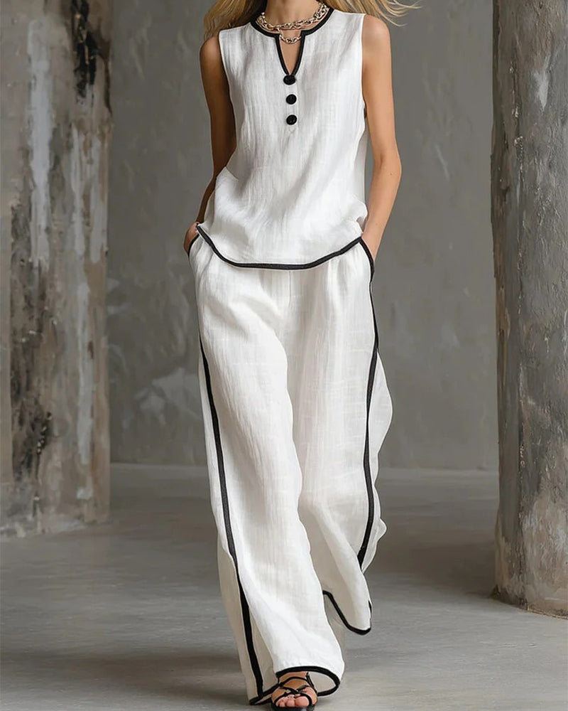 Sleeveless Color-Block Wide-Leg Pants Set