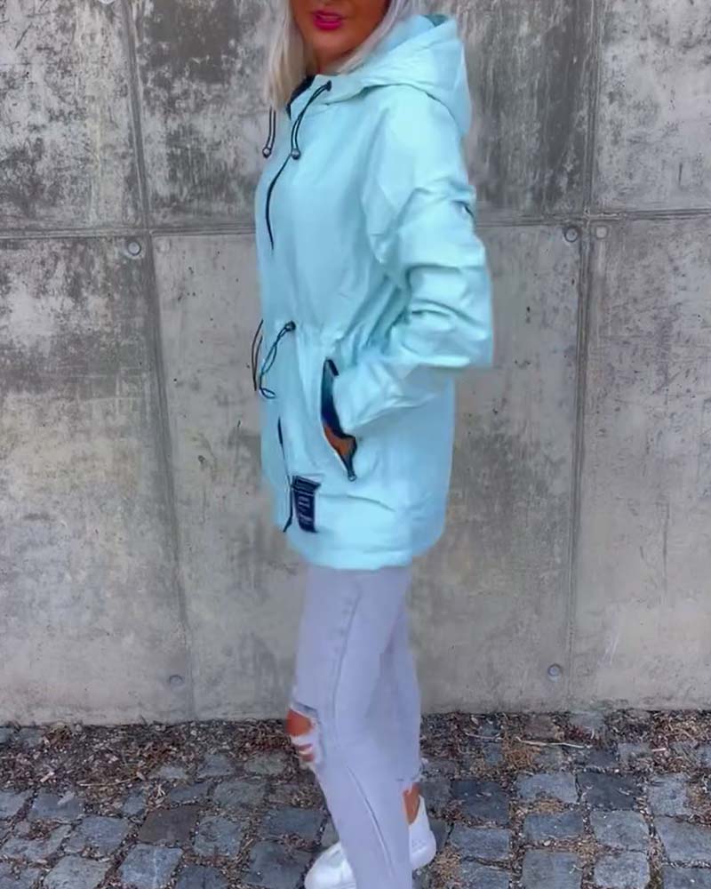 Zipper drawstring solid color coat