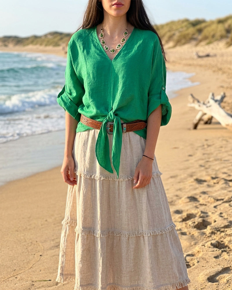Loose-Fit V-Neck Tie-Front Blouse