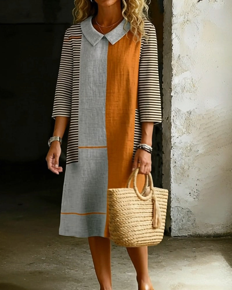 Lapel Striped Contrast Straight Dress