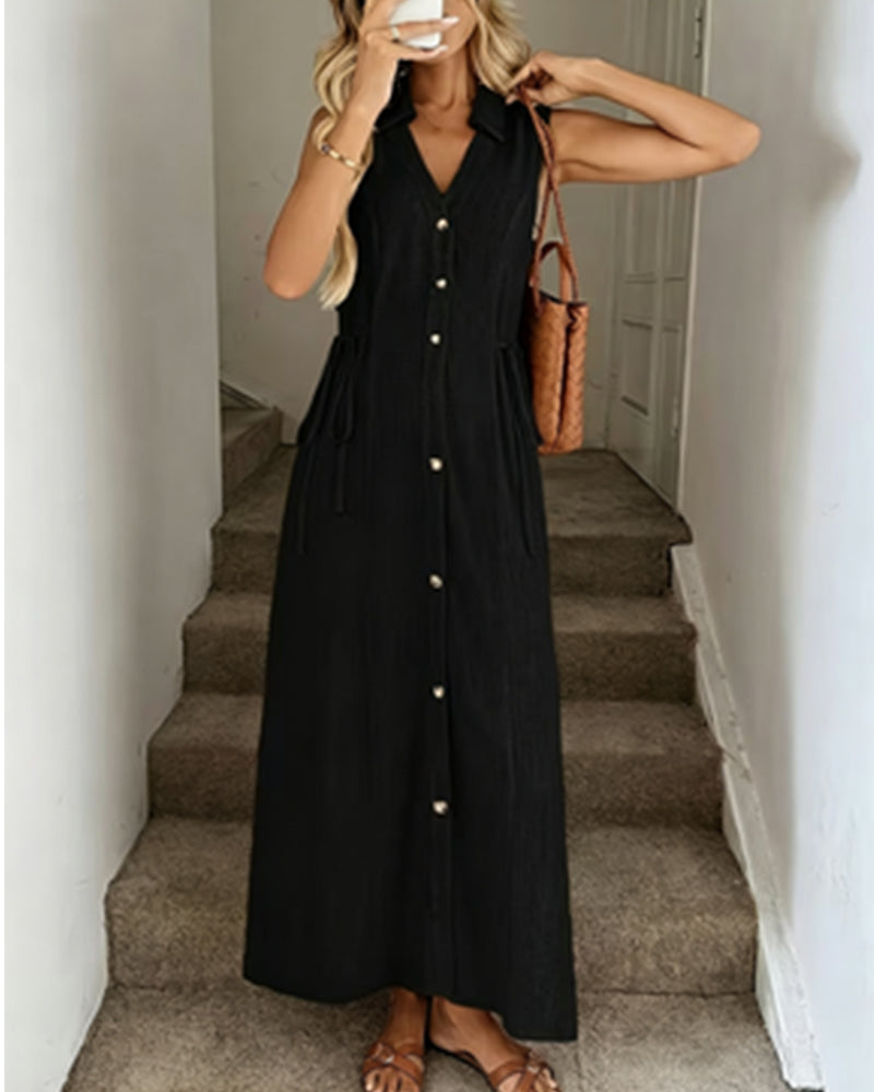 Collar-Breasted Sleeveless Waist-Cinching Dress