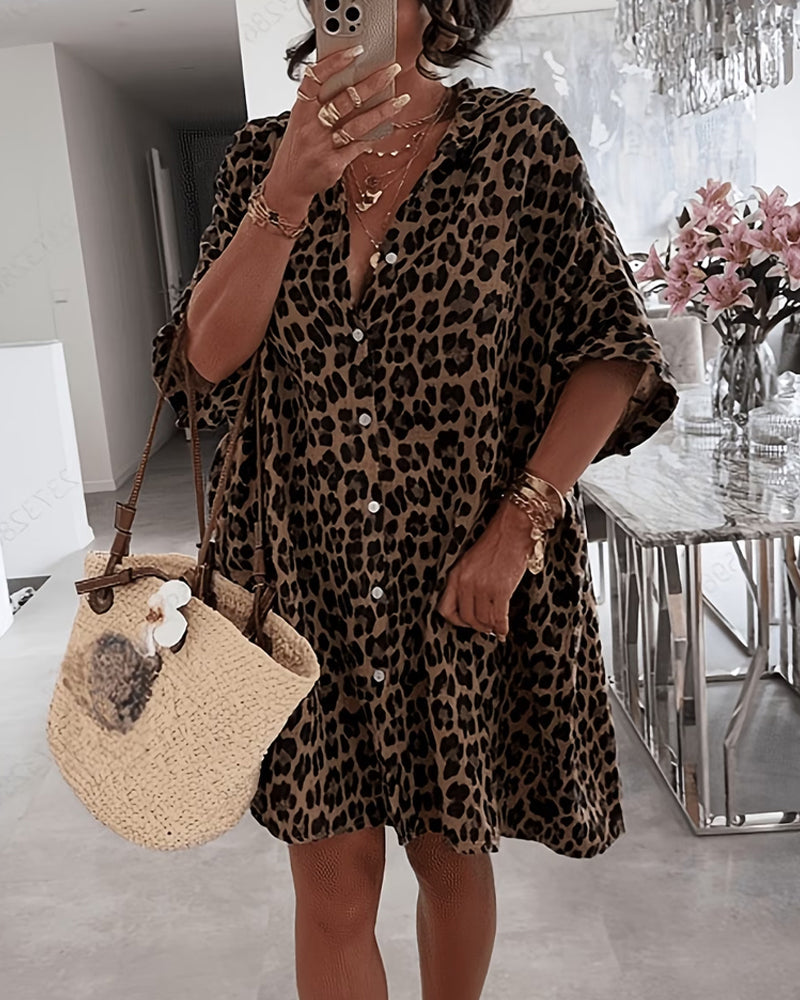 Lapel Leopard Print Loose Shirt Dress
